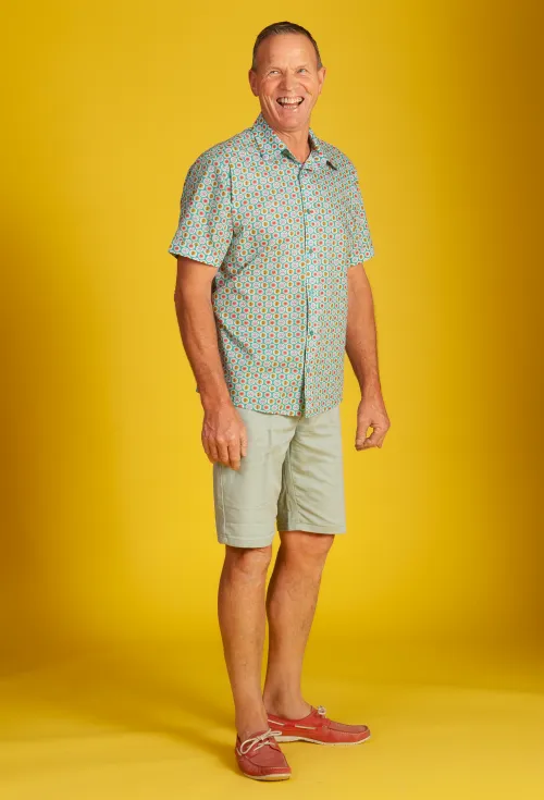 Otto enjoying the silk like feel of our Liberty Tana Lawn 100% cotton Short Sleeve Shirt 'Aztec Sun'